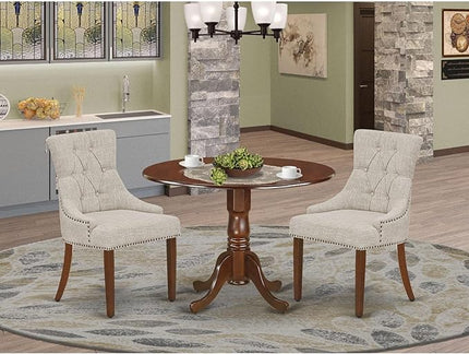 East West Furniture Dublin 3 Piece Dinette Set for Small Spaces Contains a Round Dining Table with Dropleaf and 2 Doeskin Linen Fabric Upholstered Chairs, 42x42 Inch, DLFR3-MAH-05 - LeafyLoom