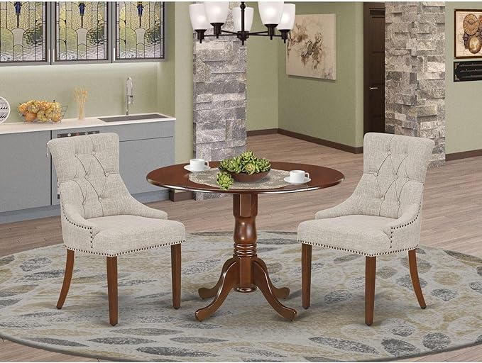 East West Furniture Dublin 3 Piece Dinette Set for Small Spaces Contains a Round Dining Table with Dropleaf and 2 Doeskin Linen Fabric Upholstered Chairs, 42x42 Inch, DLFR3-MAH-05 - LeafyLoom