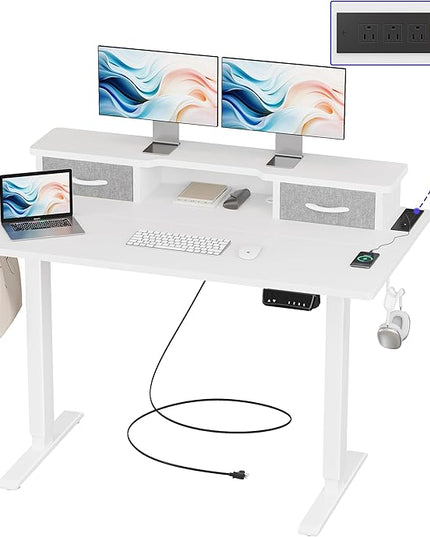 JOISCOPE 48 Inch Electric Standing Adjustable Height Desk with Double Drawer, Home Office Computer Gaming Desk with Storage Shelf and Power Outlets, Sit Stand Desk, White - LeafyLoom