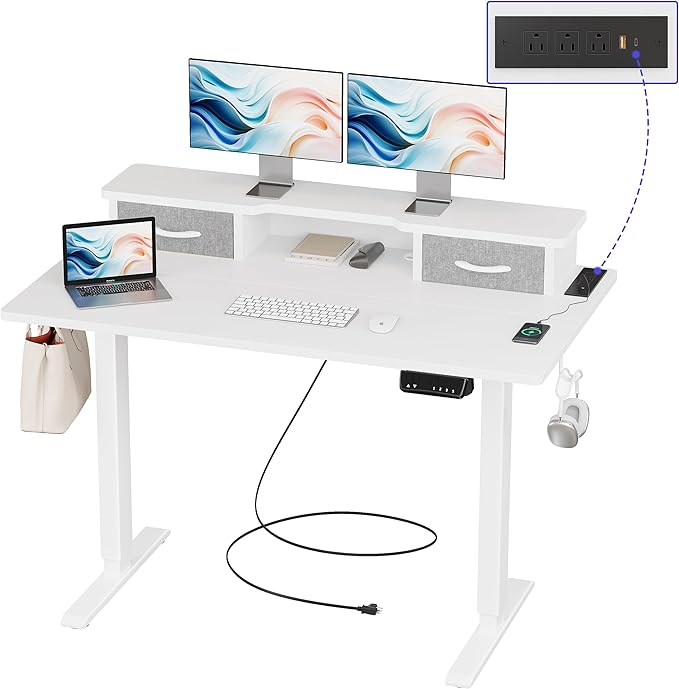 JOISCOPE 48 Inch Electric Standing Adjustable Height Desk with Double Drawer, Home Office Computer Gaming Desk with Storage Shelf and Power Outlets, Sit Stand Desk, White - LeafyLoom