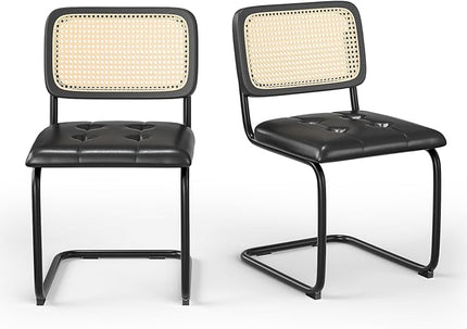 Farini Kitchen Dining Chairs Set of 2,Mid-Century Modern Chair Armless Mesh Backrest Cane Rattan Chairs for Home Dining Room(Black-PU Leather) - LeafyLoom
