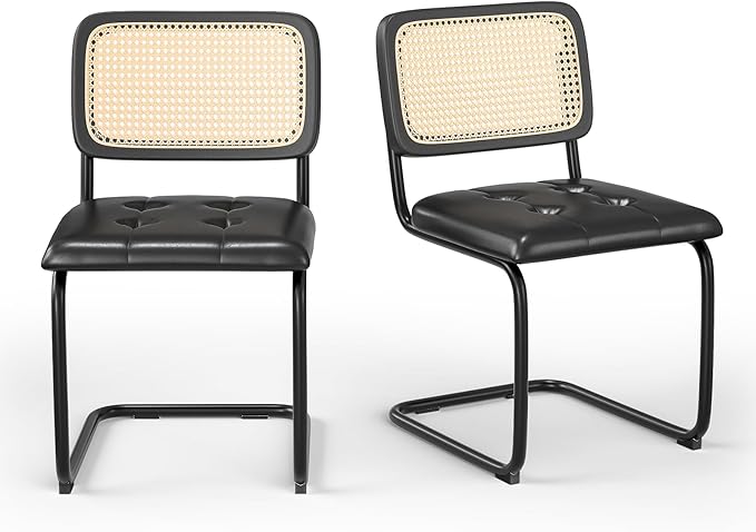 Farini Kitchen Dining Chairs Set of 2,Mid-Century Modern Chair Armless Mesh Backrest Cane Rattan Chairs for Home Dining Room(Black-PU Leather) - LeafyLoom