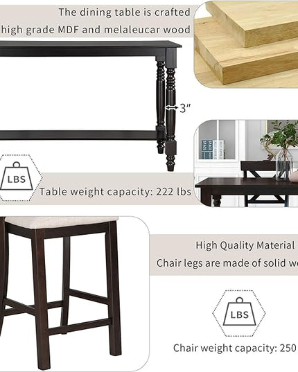 Merax 6-Piece Wooden Counter Height Rectangular Table Set with Bottom Shelf, 4 Chairs, and Padded Bench for Dining Room, Espresso(Update) - LeafyLoom