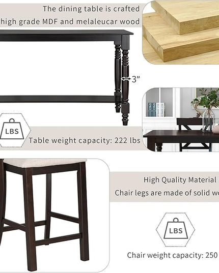 6-Piece Counter Height Kitchen Table Set, Dining Table Set for 6 with 4 Upholstered Chairs, Bench and Storage Shelf, Dining Room Table Set for Kitchen, Living Room, Espresso+Beige - LeafyLoom