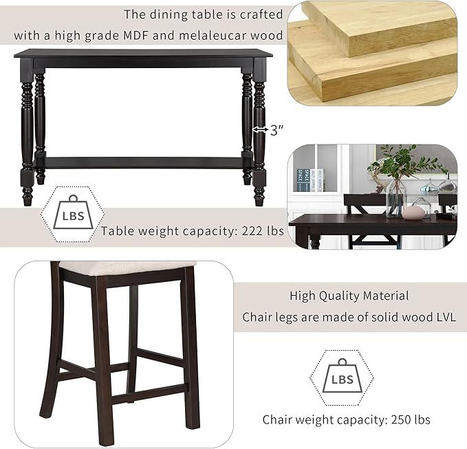 6-Piece Counter Height Kitchen Table Set, Dining Table Set for 6 with 4 Upholstered Chairs, Bench and Storage Shelf, Dining Room Table Set for Kitchen, Living Room, Espresso+Beige - LeafyLoom