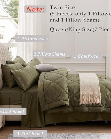 NexHome Queen Comforter Set, 7-Pieces Olive Green Bed in a Bag Queen Size Reversible Comforter All Season Soft Bedding Sets with Comforter, Flat Sheet, Fitted Sheet, Pillowcases & Shams - LeafyLoom