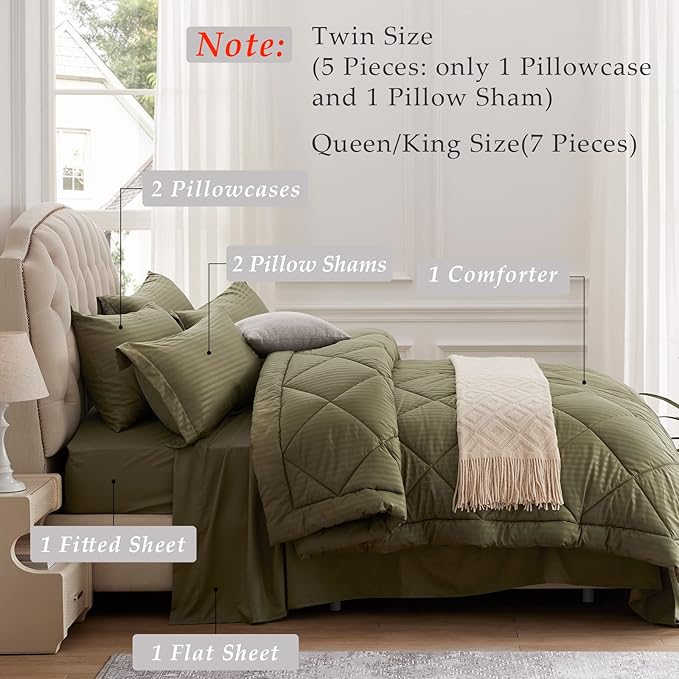 NexHome Queen Comforter Set, 7-Pieces Olive Green Bed in a Bag Queen Size Reversible Comforter All Season Soft Bedding Sets with Comforter, Flat Sheet, Fitted Sheet, Pillowcases & Shams - LeafyLoom