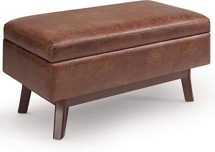 SIMPLIHOME Owen 36 Inch Wide Mid Century Modern Rectangular Coffee Table Lift Top Storage Ottoman in Upholstered Distressed Saddle Brown Faux Leather, For the Living Room - LeafyLoom