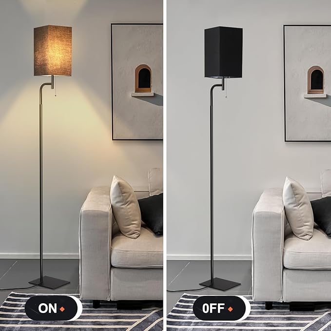 Modern Floor Lamp for Living Room, Black, 3 Color Temperatures, Linen Shade, Minimalist Design, Tall Lamp for Reading, Office, Bedroom - LeafyLoom