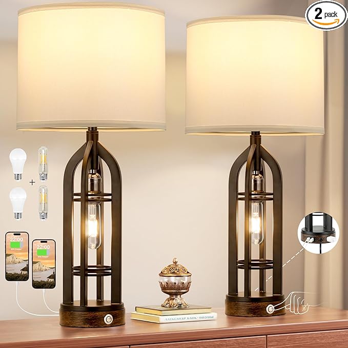Table Lamp for Living Room - White Farmhouse Lamps for Night Stands with USB C+A, 3 Way Dimmable End Table Lamps Set of 2, Vintage Bedside Lamp for End Tables, Rustic Nightstand Lamps for Bedroom - LeafyLoom