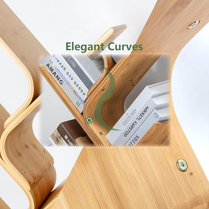 6-Tier Floor Bamboo Tree Bookshelf, Modern Standing Bookcase Office Book Storage Creative Curved Rack Organizer Shelves, Book Shelf Space Saver for Home Living Room Corner Bedroom - LeafyLoom