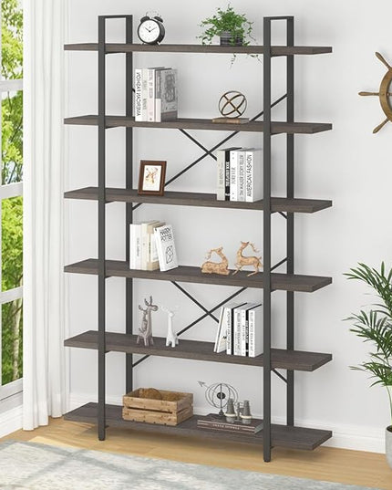 HSH Industrial Tall Bookshelf, Large Vertical Wood and Metal 6 Tier Book Shelf, Open 6 Shelf Bookcase for Bedroom Living Room Office, Vintage Display Storage Bookshelves and Bookcases, Dark Gray Oak - LeafyLoom