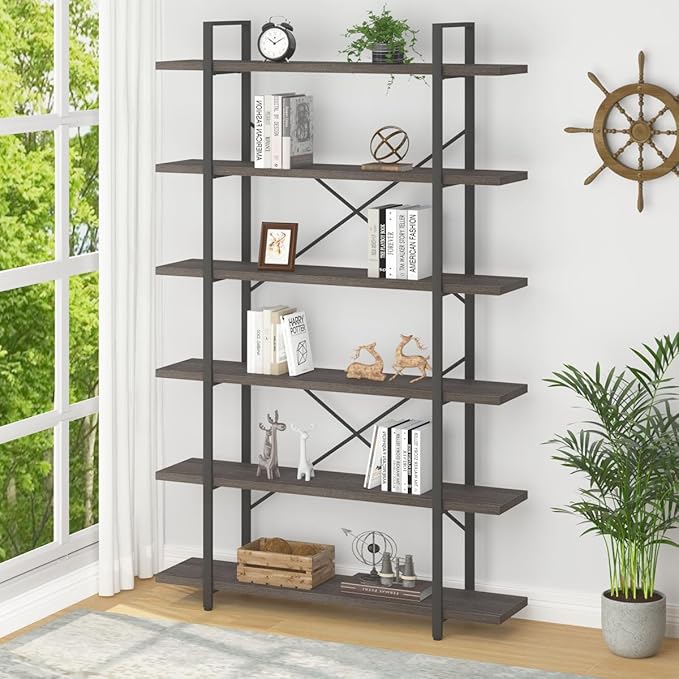 HSH Industrial Tall Bookshelf, Large Vertical Wood and Metal 6 Tier Book Shelf, Open 6 Shelf Bookcase for Bedroom Living Room Office, Vintage Display Storage Bookshelves and Bookcases, Dark Gray Oak - LeafyLoom