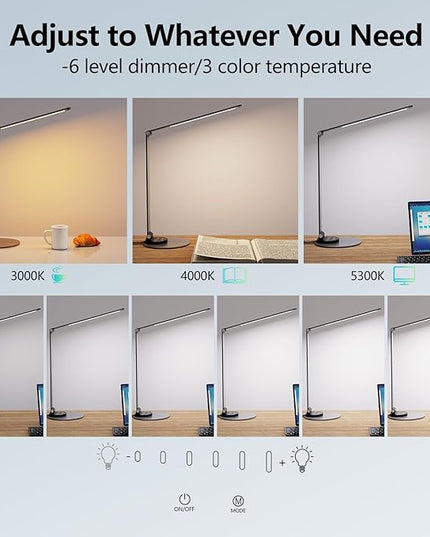LED Desk Lamp for Home Office, Bright Desk Light Reading Table Lamps Eye-Care Touch Control with USB Charging Port, 3 Color Temperatures, 6 Brightness lighting for Desktop Study - LeafyLoom