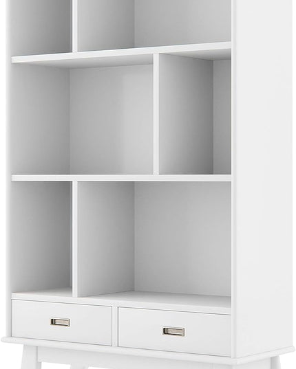 SIMPLIHOME Draper SOLID HARDWOOD 35 Inch Mid Century Modern Wide Bookcase and Storage Unit in White, For the Living Room, Study Room and Office - LeafyLoom