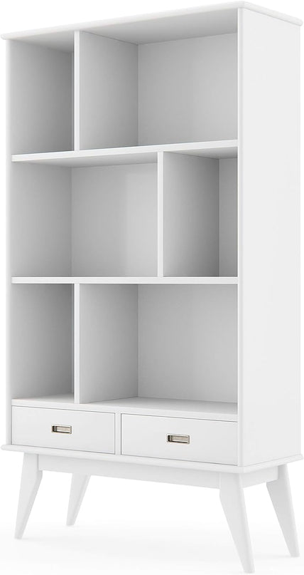 SIMPLIHOME Draper SOLID HARDWOOD 35 Inch Mid Century Modern Wide Bookcase and Storage Unit in White, For the Living Room, Study Room and Office - LeafyLoom
