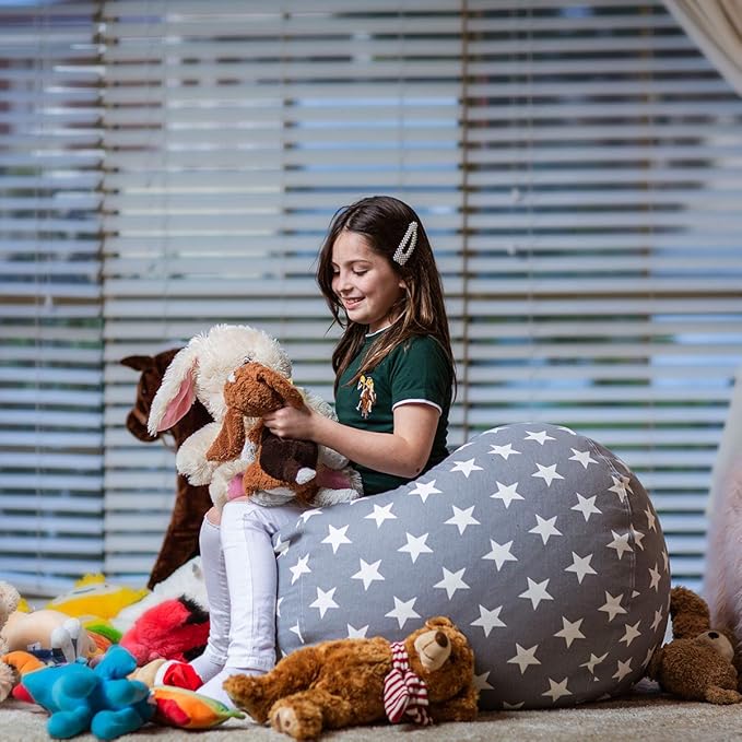 Wekapo Stuffed Animal Storage Bean Bag Chair Cover for Kids | Stuffable Zipper Beanbag for Organizing Children Plush Toys Large Premium Cotton Canvas (Grey star, X-Large) - LeafyLoom