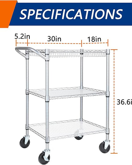 3 Tier Heavy Duty Rolling Utility Cart,18" D x 30" W x 36.6" H Rolling Carts with Wheels,Commercial Grade Metal Cart with Handle Bar & Shelf Liner,Trolley Serving Storage Cart for Kitchen Silver - LeafyLoom