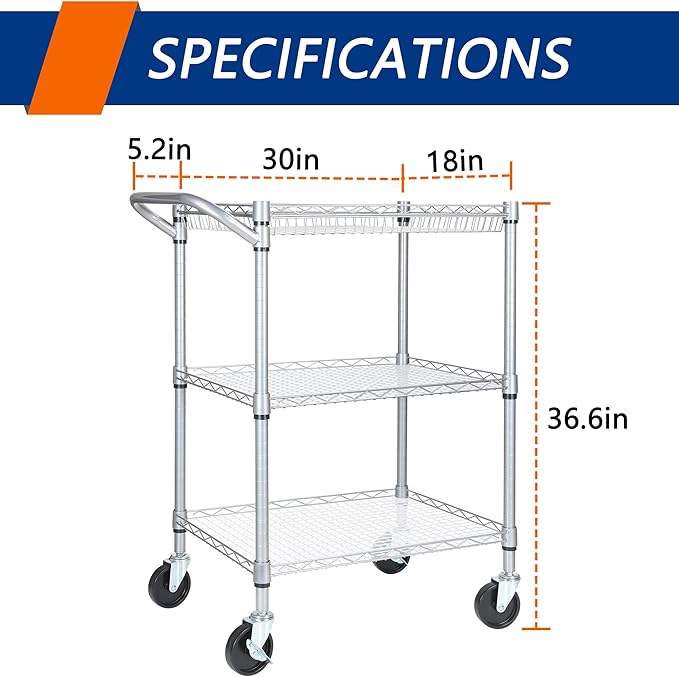 3 Tier Heavy Duty Rolling Utility Cart,18" D x 30" W x 36.6" H Rolling Carts with Wheels,Commercial Grade Metal Cart with Handle Bar & Shelf Liner,Trolley Serving Storage Cart for Kitchen Silver - LeafyLoom
