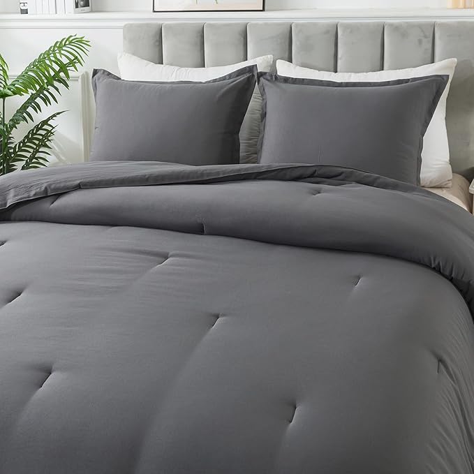 Dark Gray Comforter Set King, Solid Grey Down Alternative Bedding Comforter Set, Breathable Fluffy Microfiber Comforter King Size (104"x90") for All Seasons with Pillowcase… - LeafyLoom