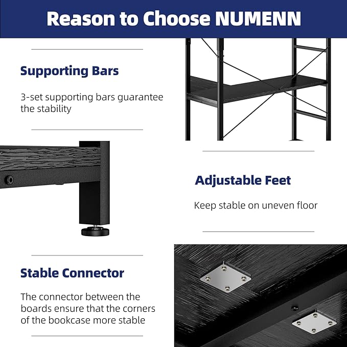NUMENN 5 Tier Corner Bookshelf, Modern Corner Bookcase, Large Open Shelf Bookcase, Tall Bookshelves Storage Display Rack for Bedroom, Living Room and Home Office, Black - LeafyLoom