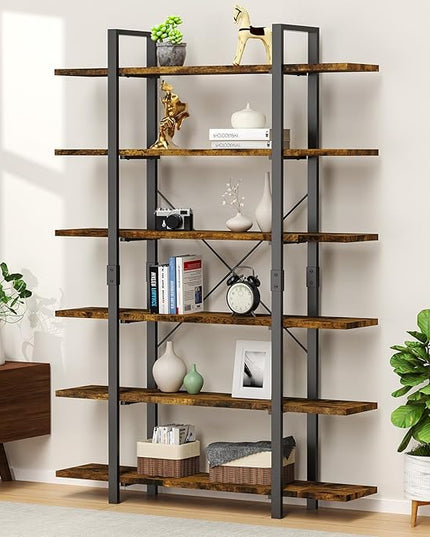 6 Tier Bookshelf, 83 inch Tall Bookcase Industrial Wooden Bookshelves Large Wall Etagere Rustic Vintage Book Shelf with Metal Frame Open Storage Rack for Living Room Home Office - LeafyLoom