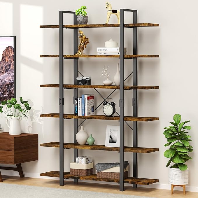 6 Tier Bookshelf, 83 inch Tall Bookcase Industrial Wooden Bookshelves Large Wall Etagere Rustic Vintage Book Shelf with Metal Frame Open Storage Rack for Living Room Home Office - LeafyLoom