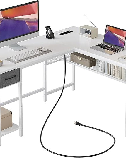 BANTI L Shaped Desk with Power Outlets, Computer Desk with Drawer, Reversible Corner Desk with Grid Storage Bookshelf, Home Office Desk, White - LeafyLoom
