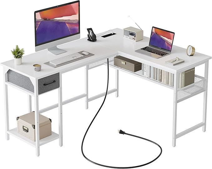 BANTI L Shaped Desk with Power Outlets, Computer Desk with Drawer, Reversible Corner Desk with Grid Storage Bookshelf, Home Office Desk, White - LeafyLoom
