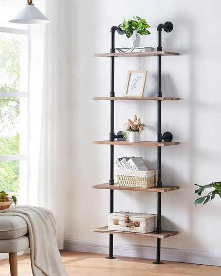 HOMBAZAAR Industrial Bookshelf, 5-Tier Industrial Pipe Bookshelf, Wall Mounted Ladder Shelves with Metal Frame for Home Office, Living Room, Oak Brown - LeafyLoom