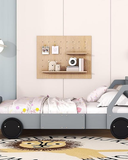 Full Size Car-Shaped Bed Frame for Kids,Wooden Platform Bed with Wheels and Side Rails for for Boys Girls,Wood Slat Supports,No Box Spring Needed,Gray - LeafyLoom