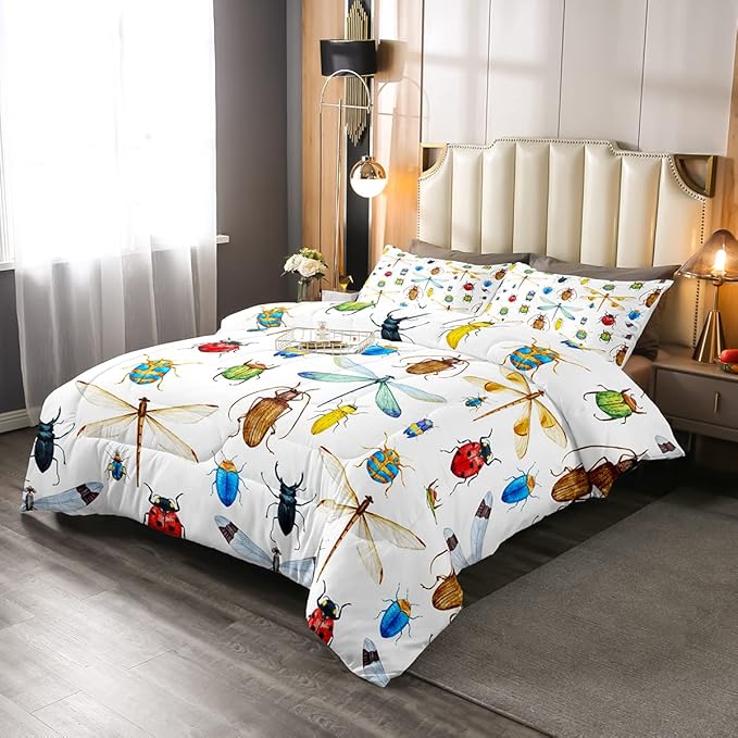Erosebridal Kids Dragonfly Down Comforter Dragonfly Gifts for Women, Ladybug Insect Comforter Set Queen Size for Children Boys Girls Teens, Reptile Pattern Bedding Comforters Colorful Duvet Insert - LeafyLoom