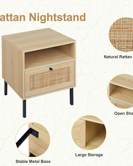 Rattan Nightstands Set of 2, Boho Night Stand with 1 Door, Accent End Table, Wood Bediside Table with Metal Legs&Open Shelf, Natural Wood - LeafyLoom
