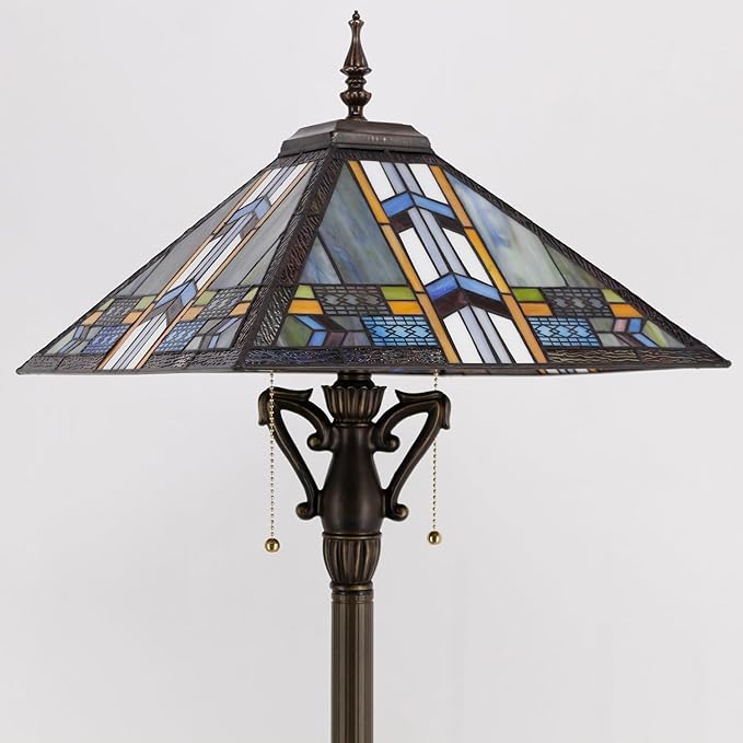 Tiffany Floor Lamp Mission Style Stained Glass Standing Reading Light 16X16X64 Inch Blue Cloudy - LeafyLoom