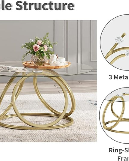 O&K FURNITURE Gold Coffee Table, Modern Round Glass Coffee Table for Living Room with Ring-Shaped Frames, Gold Glass Table for Home&Office,Gold Finish, 1PC - LeafyLoom