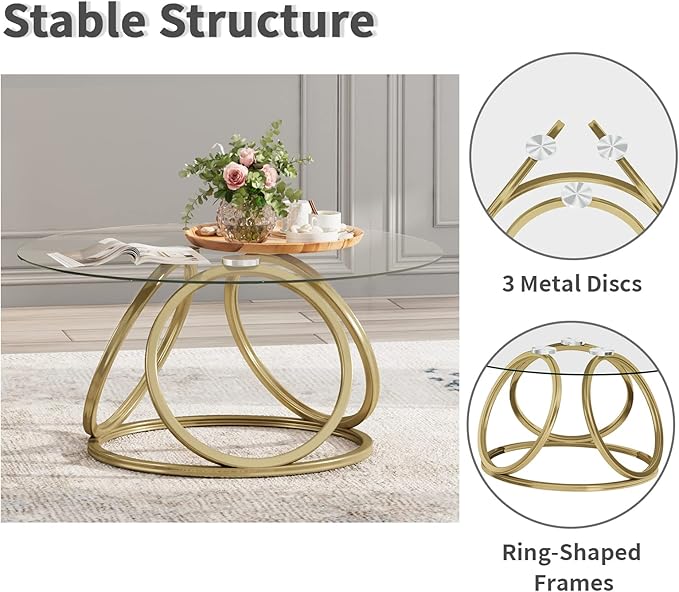 O&K FURNITURE Gold Coffee Table, Modern Round Glass Coffee Table for Living Room with Ring-Shaped Frames, Gold Glass Table for Home&Office,Gold Finish, 1PC - LeafyLoom