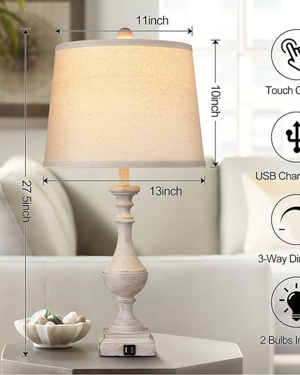 AKASUKI 27.5 Inch Farmhouse Table Lamps for Living Room Set of 2 with USB and Type-C Port, 3-Way Dimmable Table Lamps for Bedroom Vintage Rustic Bedside Lamps for bedrooms(2 Bulbs Included) - LeafyLoom