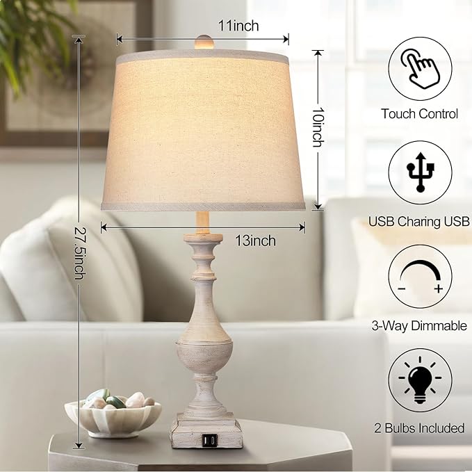 AKASUKI 27.5 Inch Farmhouse Table Lamps for Living Room Set of 2 with USB and Type-C Port, 3-Way Dimmable Table Lamps for Bedroom Vintage Rustic Bedside Lamps for bedrooms(2 Bulbs Included) - LeafyLoom