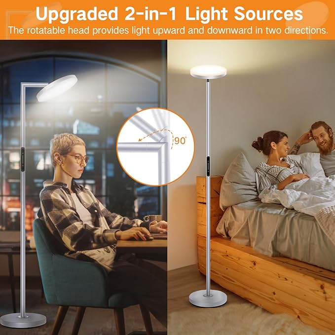 OUTON LED Torchiere Floor Lamp, 30W/3000LM Dimmable Super Bright Standing Lamp with Remote Touch Control, 4 Color Temperature, Memory Function for Living Room, Bedroom, Office (Cool Gray) - LeafyLoom