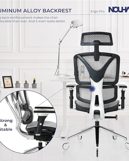 Nouhaus Ergonomic Office Chair Lumbar Support Aluminum Alloy Backrest, Big and Tall Mesh Computer Desk Chair with Adjustable Headrest, 4D Armrest and Premium Wheels(ErgoPRO,Silver) - LeafyLoom