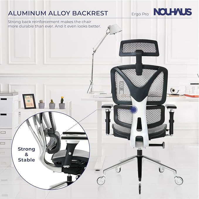 Nouhaus Ergonomic Office Chair Lumbar Support Aluminum Alloy Backrest, Big and Tall Mesh Computer Desk Chair with Adjustable Headrest, 4D Armrest and Premium Wheels(ErgoPRO,Silver) - LeafyLoom