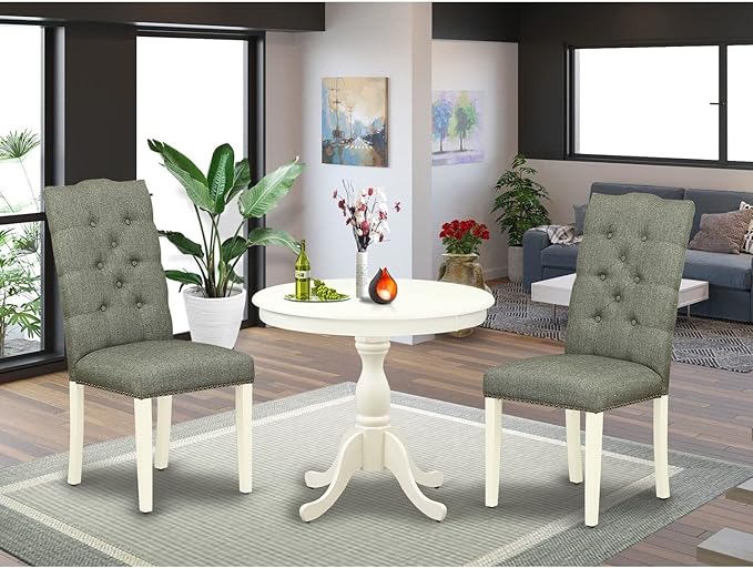 East West Furniture Antique 3 Piece Kitchen Set Contains a Round Dining Room Table with Pedestal and 2 Gray Fabric Upholstered Chairs, 36x36 Inch, Linen White - LeafyLoom