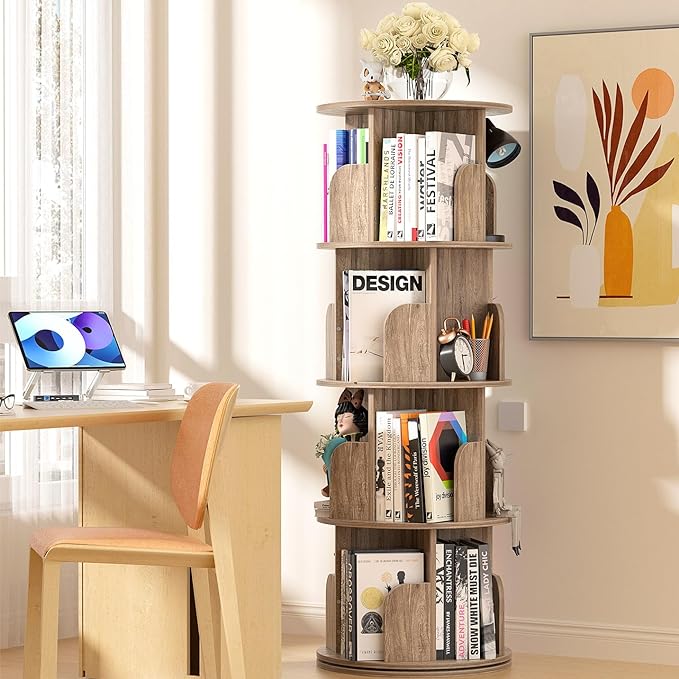 Nisorpa 4 Tier Rotating Bookshelf, 360° Revolving Bookcase Wood Rotating Stackable Shelves Floor-Standing Storage Display Rack Used in Bedrooms Living Rooms Study Office (52"x18"x18") - LeafyLoom