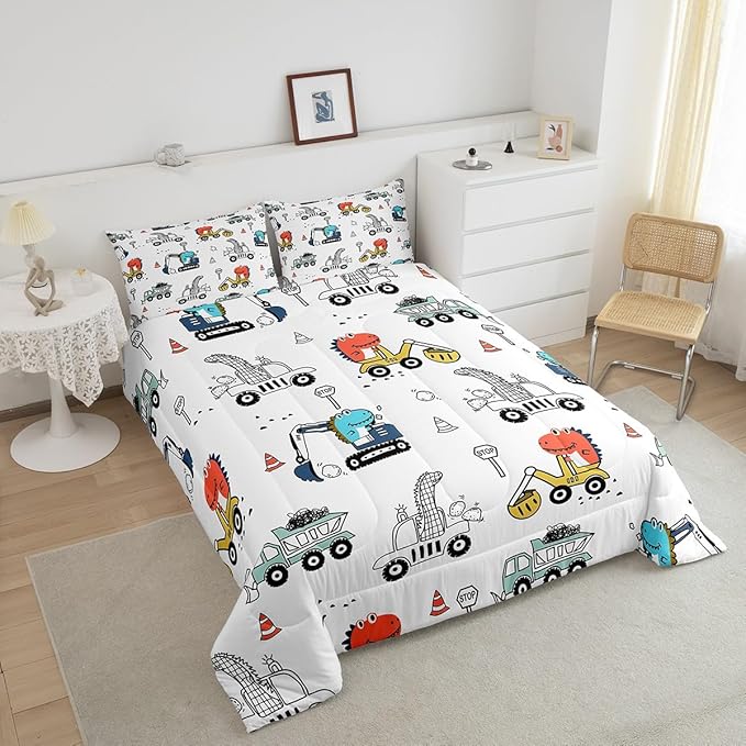 Feelyou Kids Cartoon Car Comforter Set Construction Bedding Set Twin Size Tractor Vehicle Truck Comforter for Kids Boys Girls Cute Dinosaur Quilt Set Yellow Blue Soft for Teens Child Room Decor - LeafyLoom