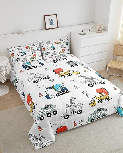 Feelyou Kids Cartoon Car Comforter Set Construction Bedding Set Full Size Tractor Vehicle Truck Comforter for Kids Boys Girls Cute Dinosaur Quilt Set Yellow Blue Soft for Teens Child Room Decor - LeafyLoom