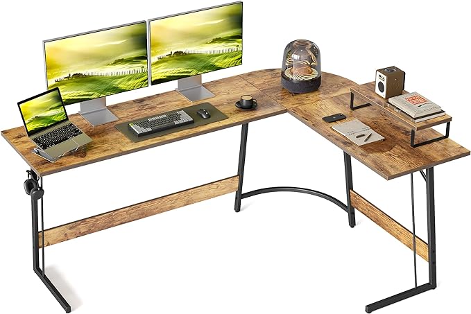 BANTI L Shaped Gaming Computer Office Desk, 67" Corner Desk with Monitor Stand for Home Office Study Writing Workstation, Rustic Brown - LeafyLoom
