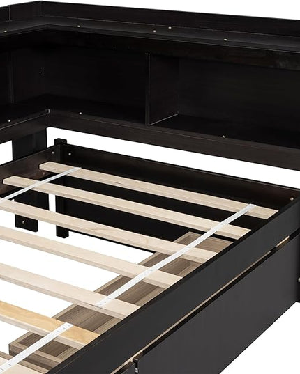 Twin Size Platform Bed with L-Shaped Bookcase and 2 Drawers, Wooden DayBed Bedframe with Storage Headboard for Bedroom Guest Room, Espresso - LeafyLoom