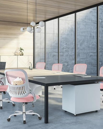 Sweetcrispy Office Computer Desk Chair, Ergonomic Mid-Back Mesh Rolling Work Swivel Task Chairs with Wheels, Comfortable Lumbar Support, Comfy Flip-up Arms for Home, Bedroom, Study, Student, Pink - LeafyLoom