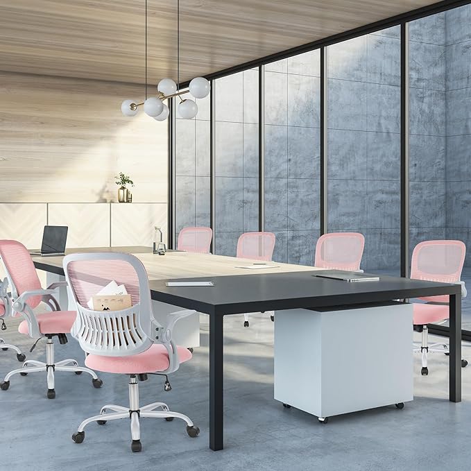 Sweetcrispy Office Computer Desk Chair, Ergonomic Mid-Back Mesh Rolling Work Swivel Task Chairs with Wheels, Comfortable Lumbar Support, Comfy Flip-up Arms for Home, Bedroom, Study, Student, Pink - LeafyLoom