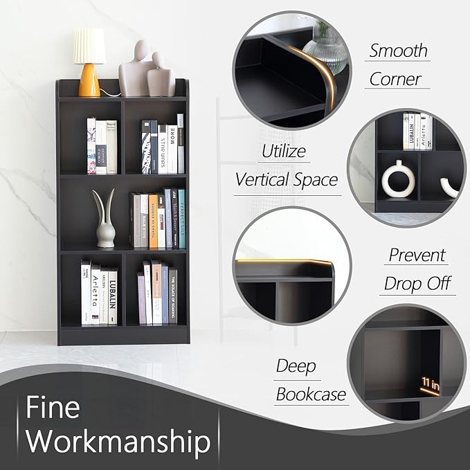 Book Shelf with Back Panel Stability 5 Cube Bookcase Multifunctional Cube Storage Organizer Shelf for Bedroom Living Room Office Closet School in Black with 23.62''W - LeafyLoom